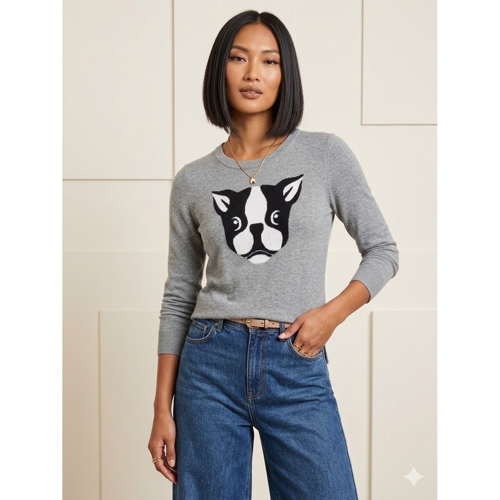 Bass Sweater Womens M Grey Boston Terrier Frenchie Dog Graphic Cotton Knit